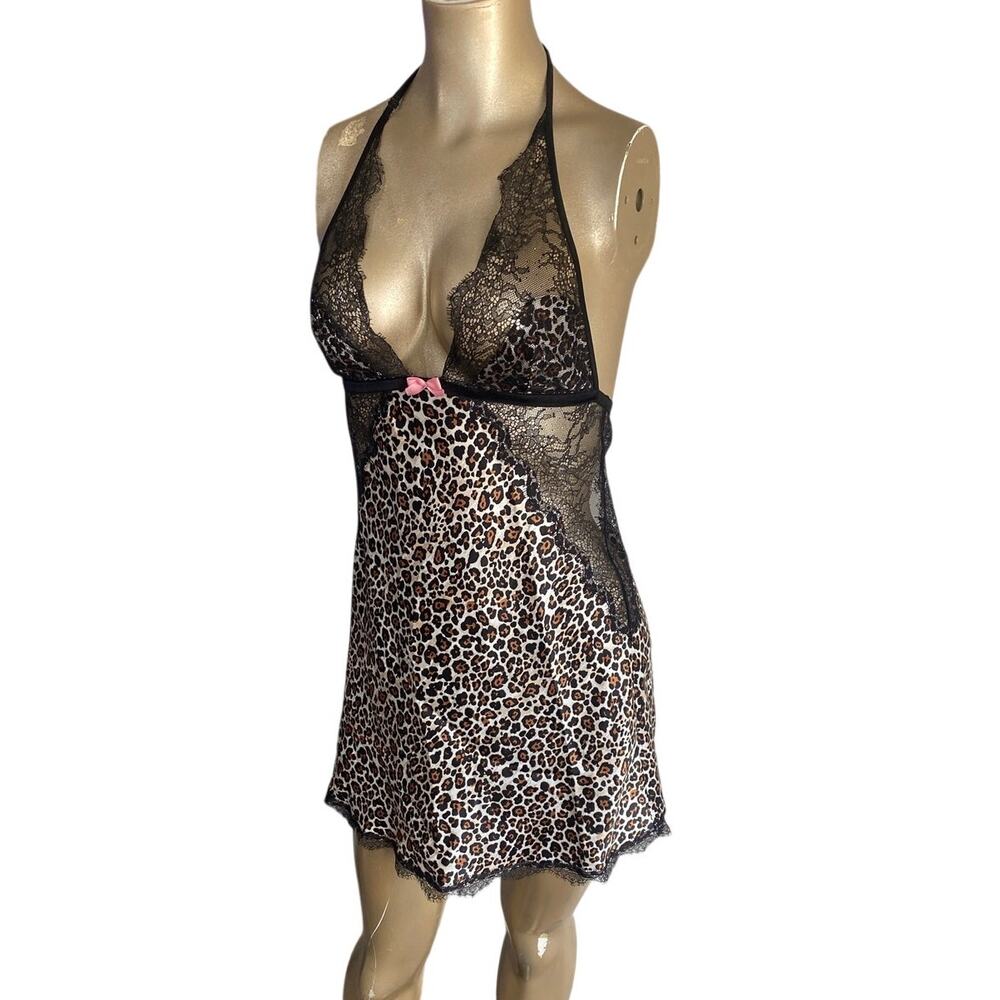 Victoria's Secret Leopard Print Halter Chemise Slip Dress Lace Medium Vtg 2013